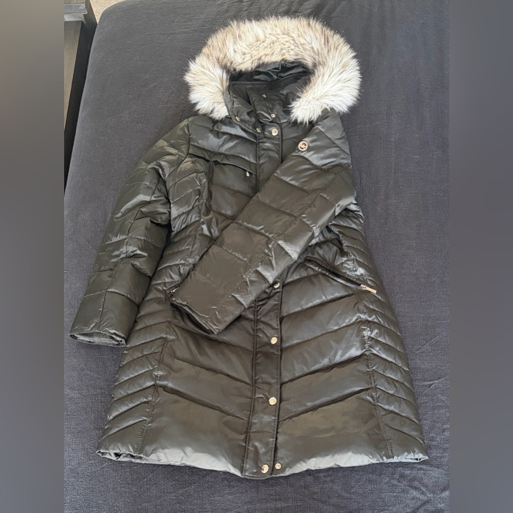 Michael Kors Dark Green Puffer Coat with Faux Fur Hood